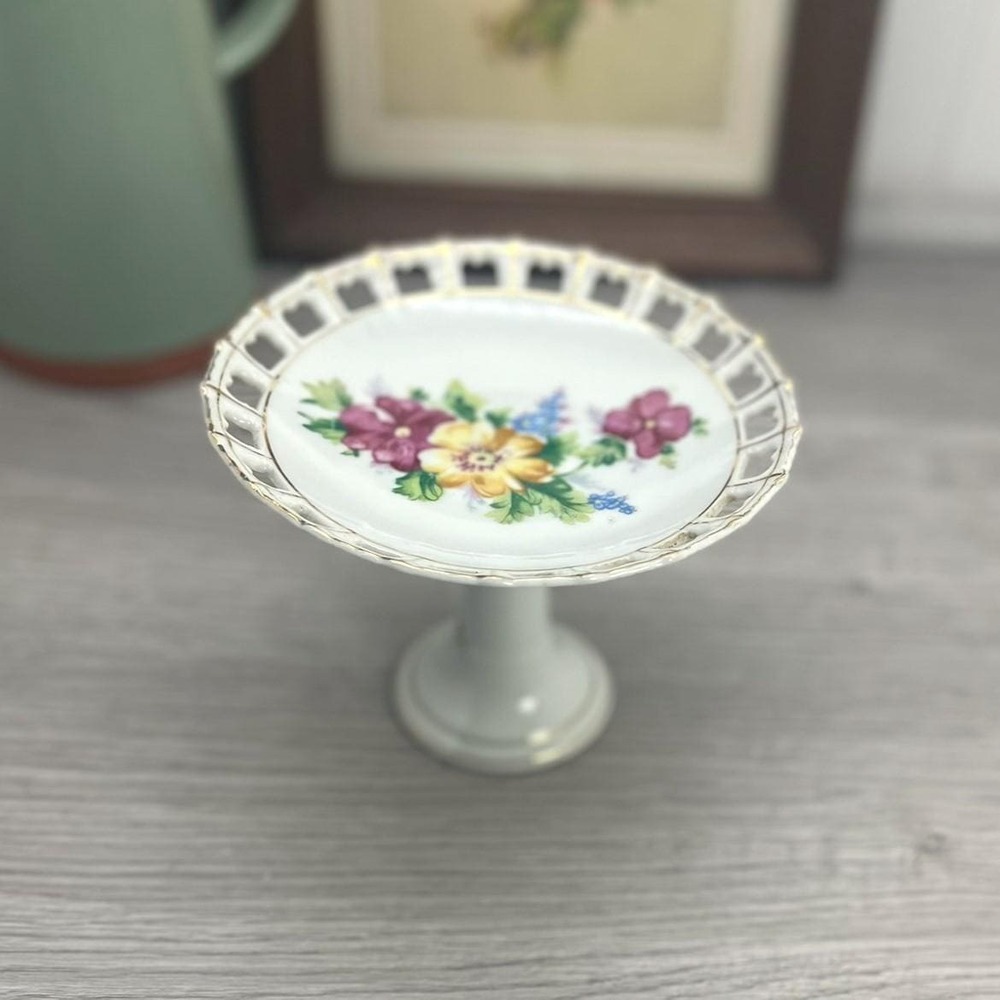 Vintage Floral China Pedestal Dish: Reticulated Gold Trim Display Plate